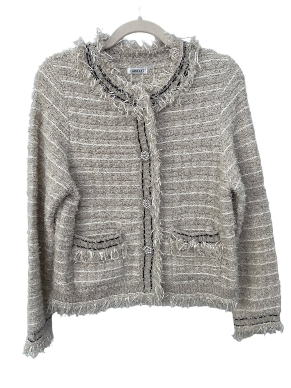 Abiste Cardigan Jacket Size EU 38 Fringe Textured Knit Nylon Blend Preppy Academ